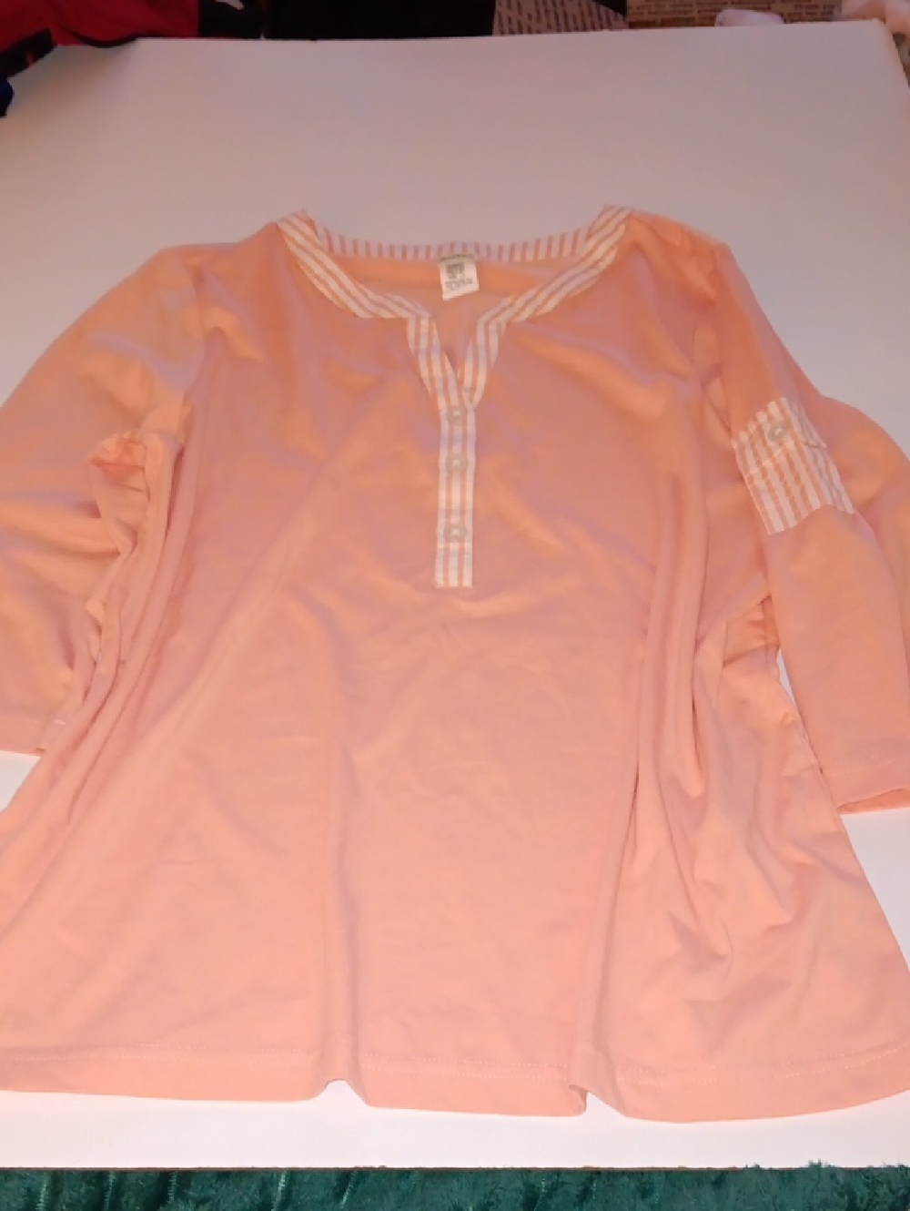 Women's Peach Button-Down Henley Top with Striped Trim